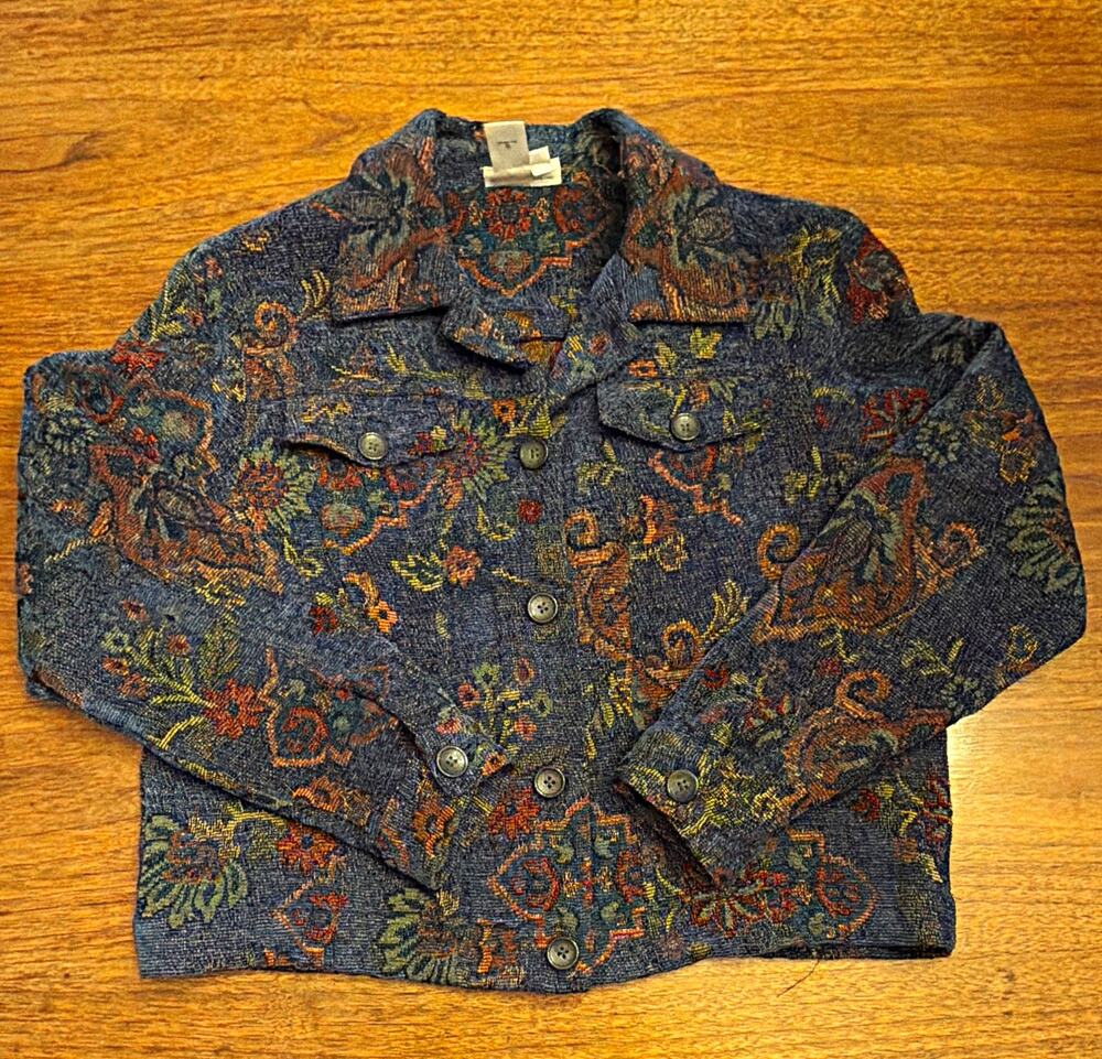 Vintage Tapestry Trucker Jacket M Paisley Women M Boho Artsy Whimsy 90s Granny